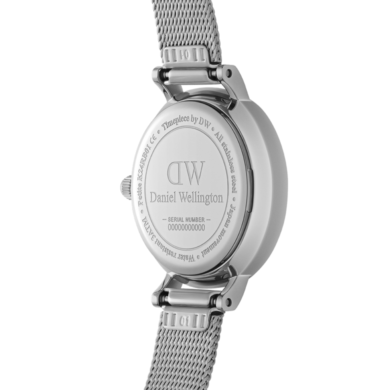 Close-up of the Petite Pressed Sterling ladies watch showing the engraved stainless steel case back, mesh strap, and serial number, highlighting its quality craftsmanship and attention to detail.