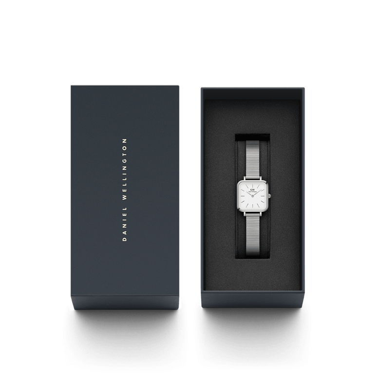 Quadro Studio ladies watch with a square eggshell white dial and silver piano link strap, elegantly presented in a branded gift box, perfect for gifting or adding to your collection.