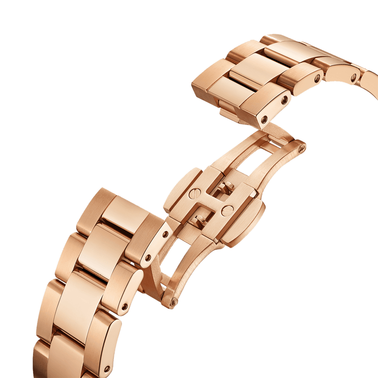 Open rose gold stainless steel link bracelet of the Iconic Link Pink Rose Gold ladies watch, showing the secure clasp mechanism and polished finish.
