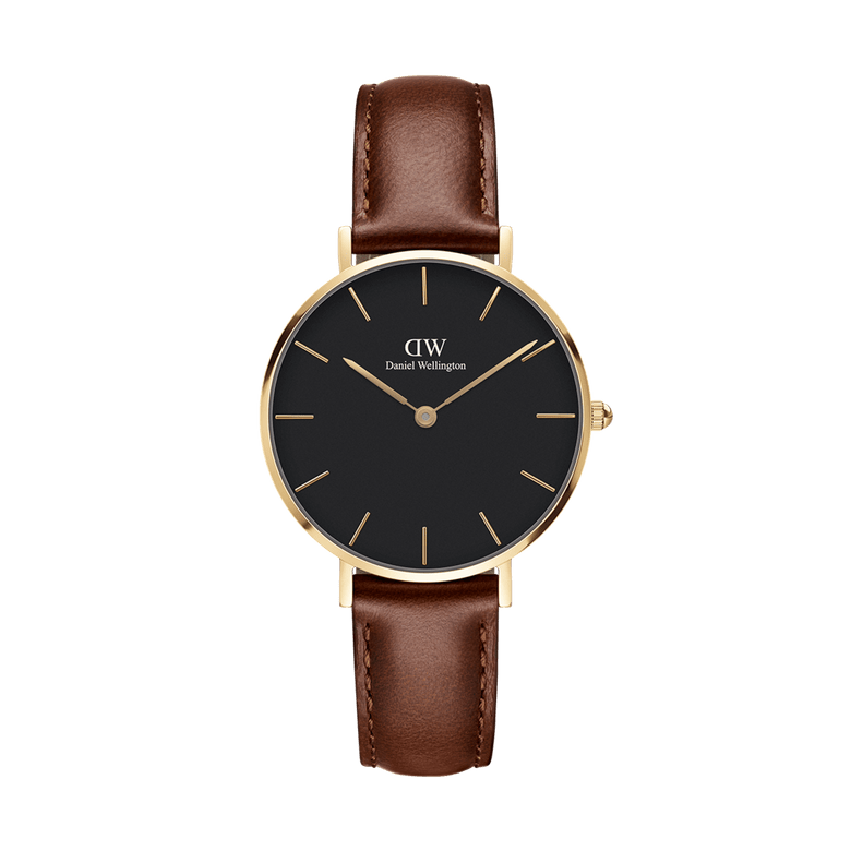 Petite St Mawes Black Gold features a 32mm gold-plated case, minimalist black dial, and a genuine brown leather strap, offering a refined and versatile wrist watch for women.