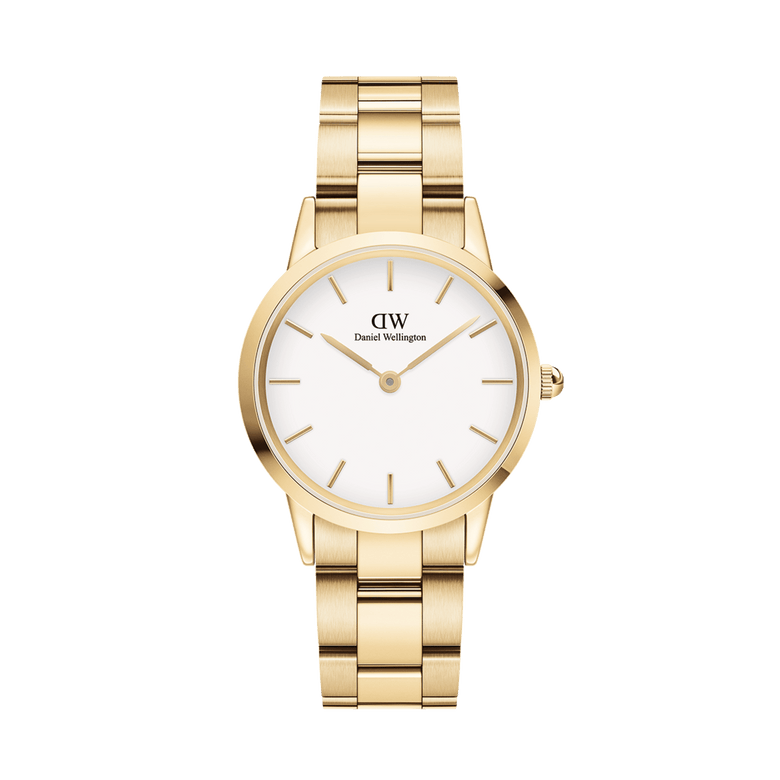 Polished gold stainless steel ladies watch with a gold link bracelet and a minimalist eggshell white dial, featuring slim gold hour markers and hands for a timeless, versatile look.