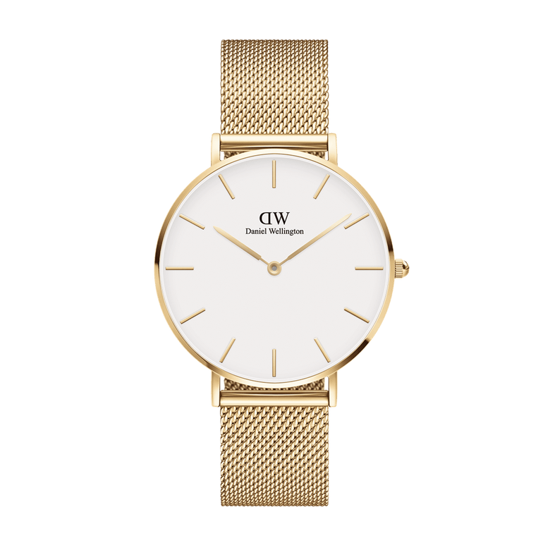 Gold Daniel Wellington Petite Evergold watch with a minimalist eggshell white dial and an adjustable gold mesh strap, featuring slim gold hour markers and a sleek, modern design.