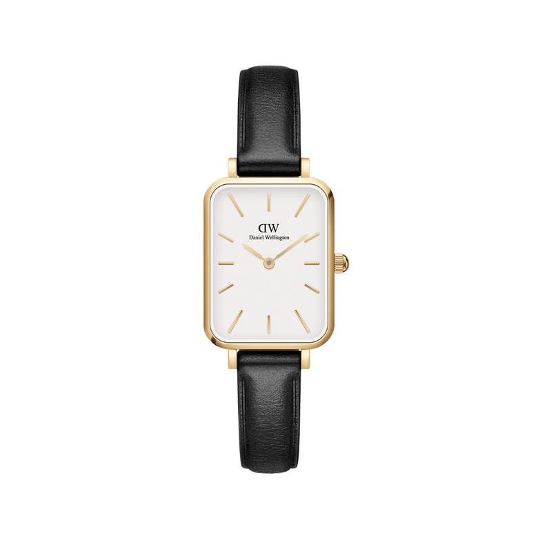 Quadro Pressed Sheffield Gold ladies watch featuring a rectangular gold case, minimalist white dial with gold markers, and a slim black leather strap.