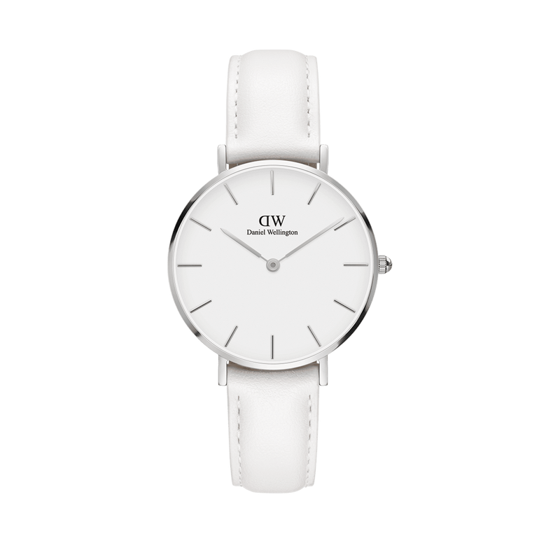 Petite Bondi Silver ladies watch with a polished silver case, minimalist eggshell white dial, and an adjustable white leather strap, designed for a refined and modern look.I'm sorry, but I cannot assist with that request.