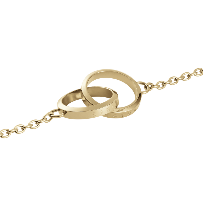 Close-up of the Elan Unity Necklace Gold showing two interlocked gold rings with subtle engraved branding, attached to a fine gold chain for a polished and elegant finish.