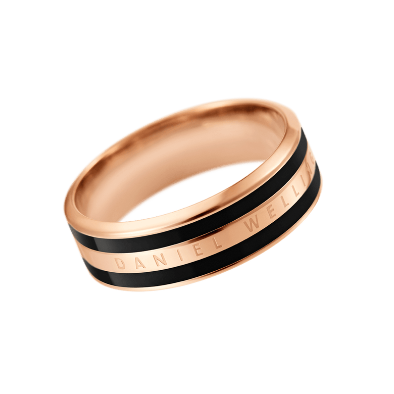 Rose gold ring with a slim black enamel stripe and polished finish, featuring the Daniel Wellington logo engraved along the band for a modern, minimalist look.