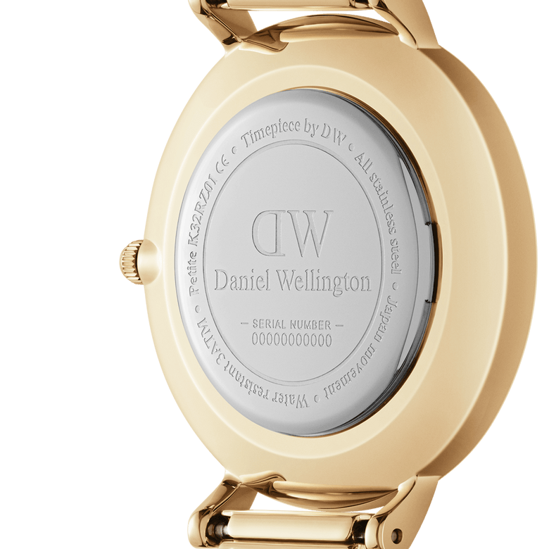 Back view of the Petite St Mawes Gold watch showing the engraved stainless steel case, gold finish, and water-resistant markings for durability and authenticity.