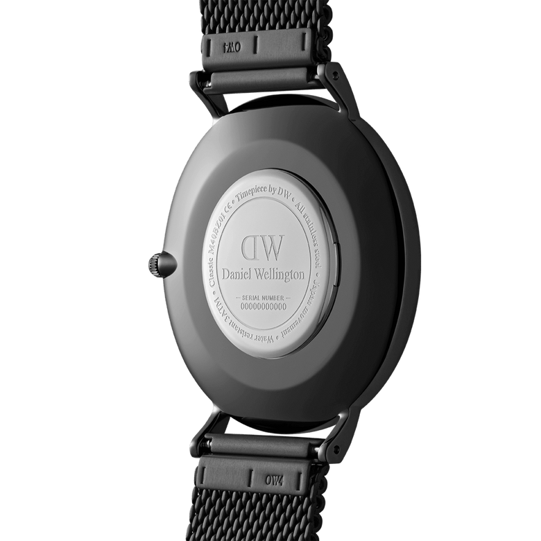 Back view of the Classic Mesh Onyx Black watch showing the engraved stainless steel case back, black mesh strap, and secure clasp, highlighting the quality craftsmanship and attention to detail.