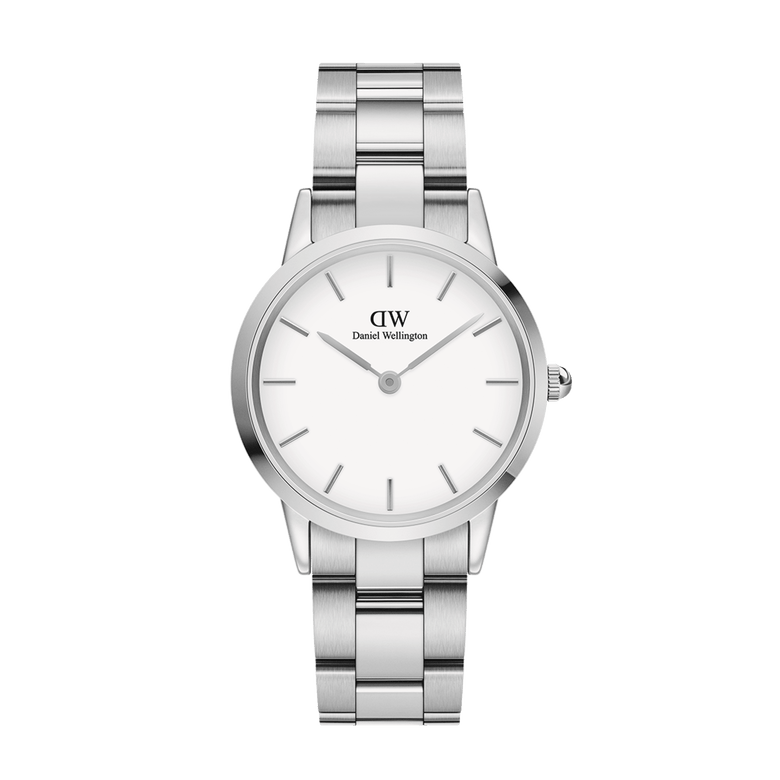 Iconic Link Silver watch by Daniel Wellington featuring a stainless steel three-piece link bracelet, minimalist eggshell white dial, and a classic round case with a polished silver finish.
