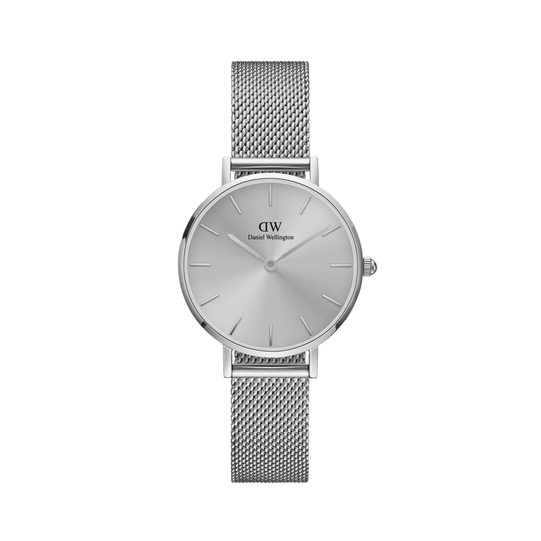Petite Unitone Silver watch featuring a minimalist round dial and a polished stainless steel mesh strap, finished in tone-on-tone silver for a refined and versatile look suitable for everyday wear.