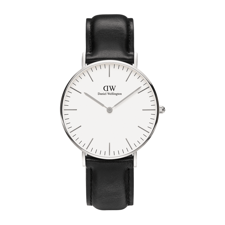 Classic Sheffield Silver watch with a stainless steel case, minimalist eggshell white dial, slim silver hands, and a smooth black leather strap, shown on a plain background.