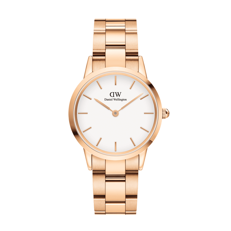 Iconic Link Rose Gold watch featuring a polished rose gold stainless steel three-link bracelet and minimalist eggshell white dial, designed for a refined and versatile everyday look.