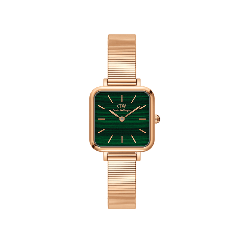 Quadro Studio Green Rose Gold ladies watch with a square rose gold case, deep green dial, minimalist hour markers, and a slim piano link mesh strap.
