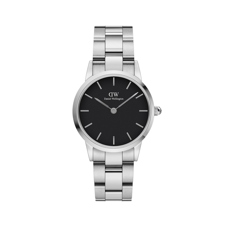 Iconic Link by Daniel Wellington featuring a polished stainless steel link bracelet, understated black dial, and minimalist silver hour markers, suitable for both men and women seeking a versatile everyday watch.