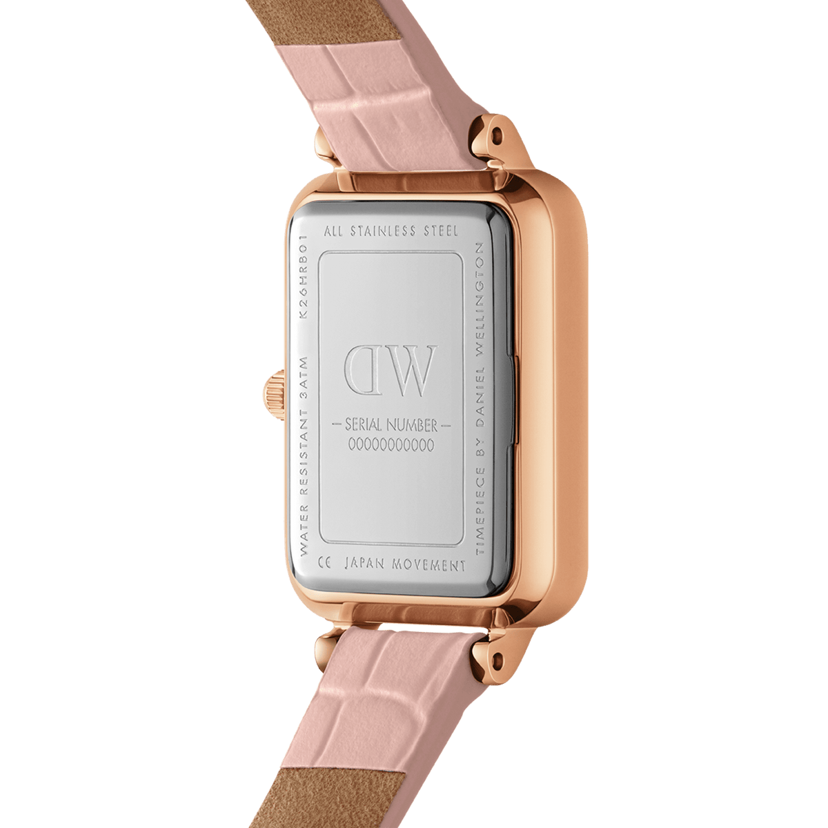 Back view of the Quadro Pressed Rouge ladies watch showing the stainless steel case, rose gold finish, and nude pink croc-pattern leather strap with engraved details.