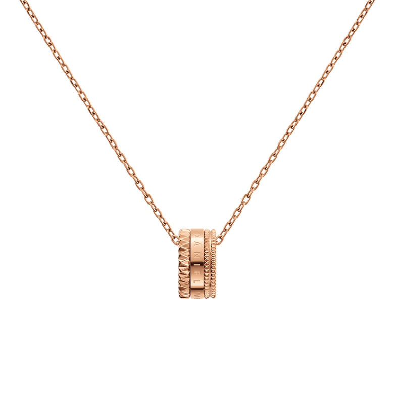 Elevation Necklace in rose gold featuring a sculptural geometric ring pendant with textured detailing, displayed on a delicate cable chain.