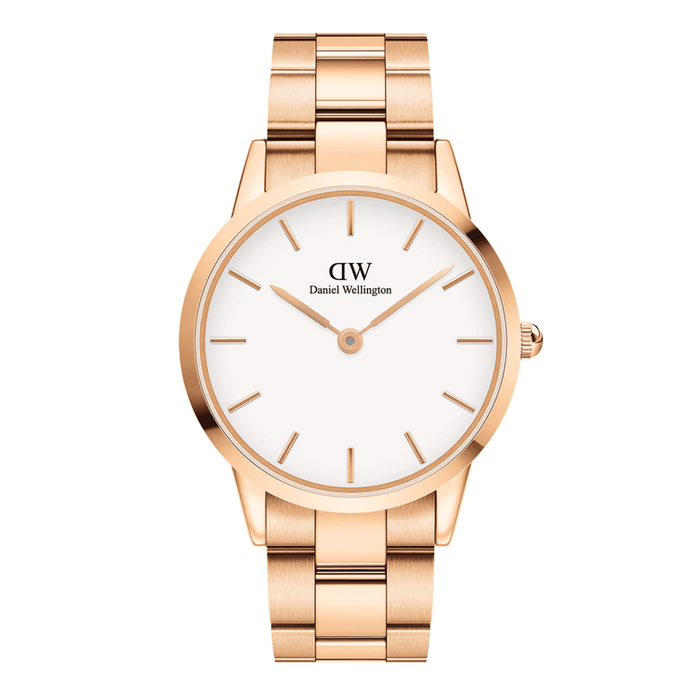 Iconic Link Rose Gold watch with a brushed rose gold stainless steel bracelet, minimalist eggshell white dial, and slim hour markers, designed for both men and women.