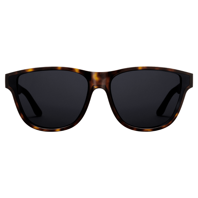 Ambler Bio-Acetate Dark Havana sunglasses with a rectangular tortoiseshell frame and dark UV400 lenses, featuring a lightweight and sustainable design for women.