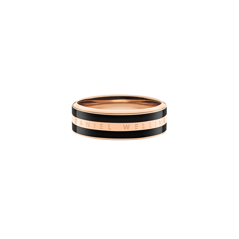 Emalie Ring Rose Gold Black shown from the side, highlighting its slim rose gold band, glossy black enamel stripe, and Daniel Wellington engraved detail for a modern minimalist finish.