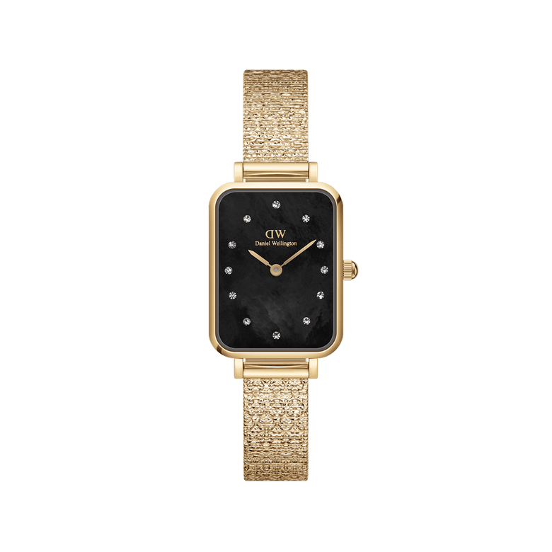 Quadro Lumine Pressed Piano Black MoP Gold ladies watch featuring a rectangular gold case, textured gold piano link bracelet, and a black mother of pearl dial with crystal hour markers.