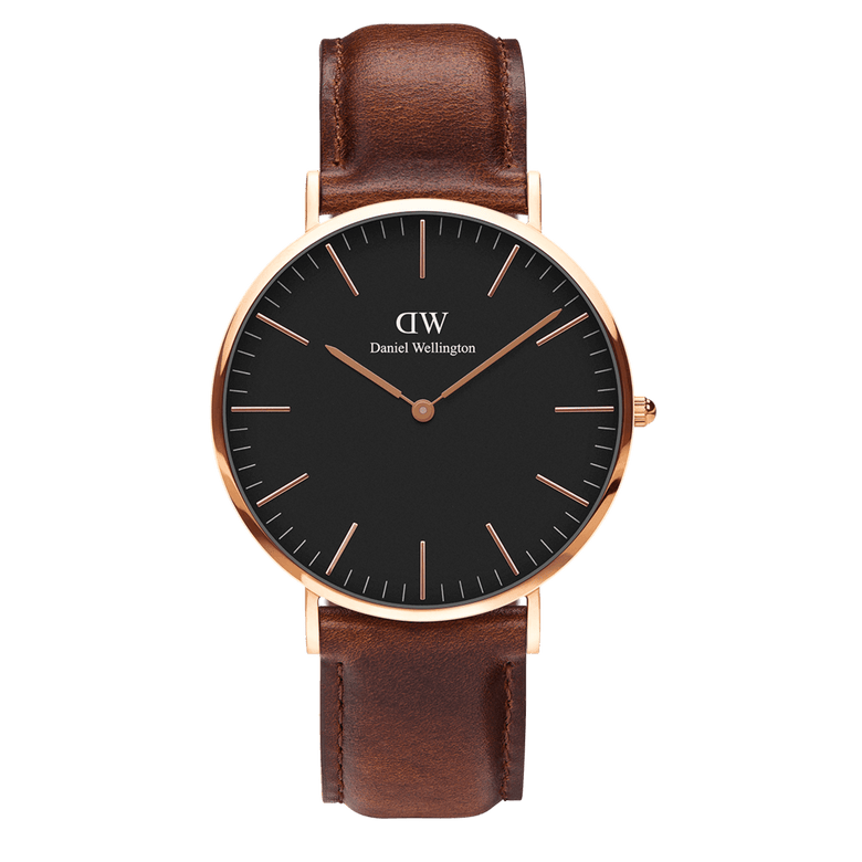 Classic St Mawes Black Rose Gold watch with a black minimalist dial, rose gold case, and brown genuine leather strap, featuring slim rose gold markers and hands for a refined, versatile look.