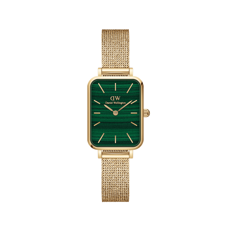 Quadro Pressed Evergold Green Gold women’s watch with a rectangular gold case, vibrant green dial, and a slim gold mesh bracelet, designed for comfortable everyday wear and versatile styling.