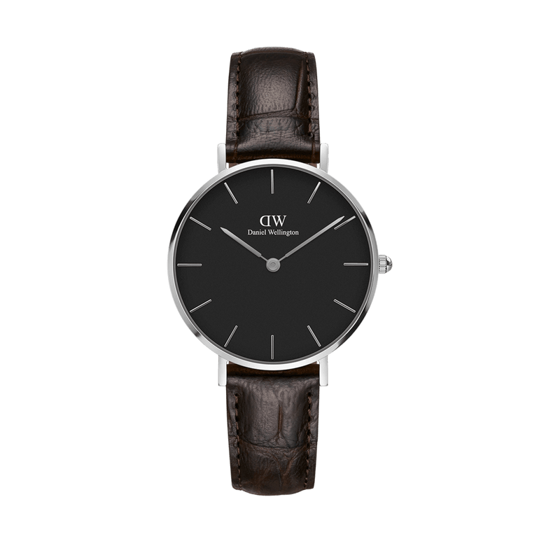 Daniel Wellington Petite York Black Silver ladies watch with a classic black dial, slim silver stainless steel case, and croc-embossed dark brown leather strap, ideal for everyday wear and small wrists.