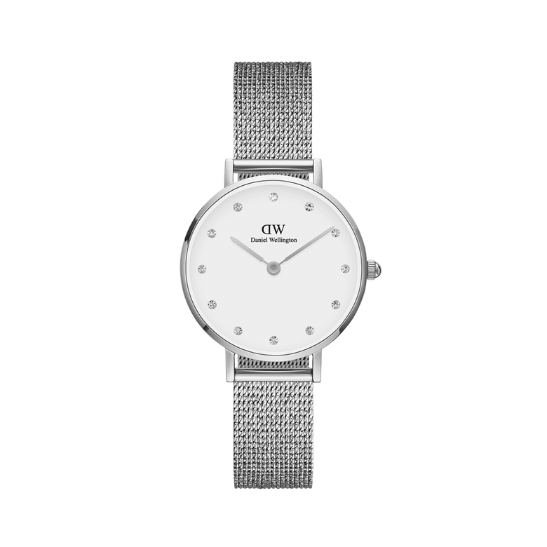 Petite Lumine Pressed Sterling features a 28mm round silver case, eggshell white dial with crystal markers, and an elegant pressed mesh strap, offering a minimalist and refined look for women.