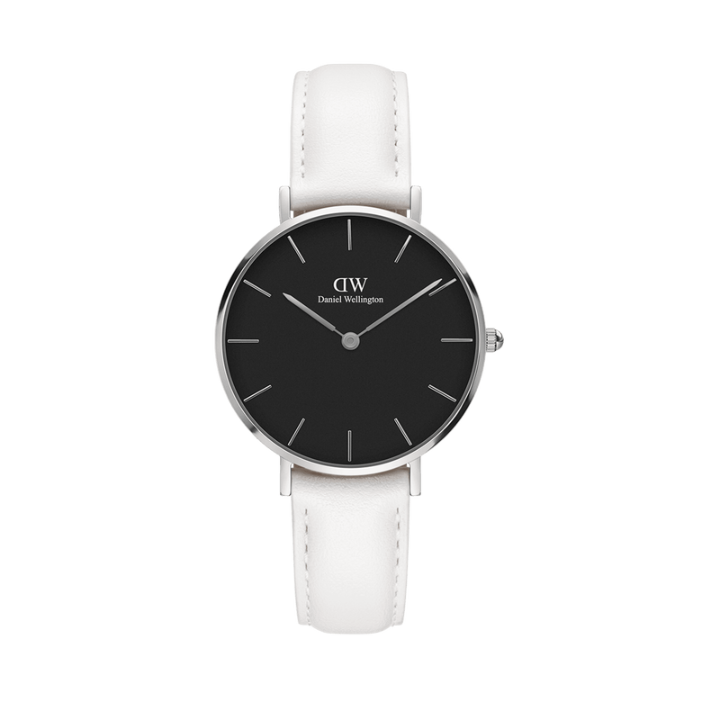 Petite Bondi Black Silver women’s watch with a minimalist black dial, polished silver case, and an adjustable white leather strap, designed for a refined and contemporary look.