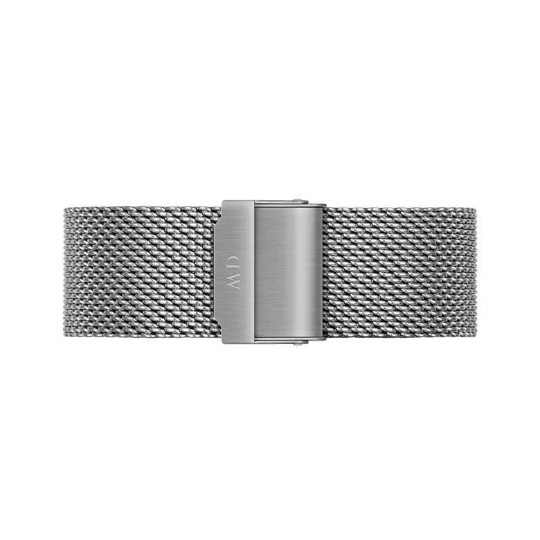Stainless steel mesh strap from the Classic Mesh Onyx watch, featuring a secure clasp and finely woven links for a comfortable and adjustable fit.