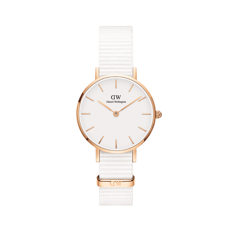 Rose gold ladies watch with a minimalist white dial, slim rose gold markers, and an adjustable white NATO fabric strap, designed for a modern and elegant look.
