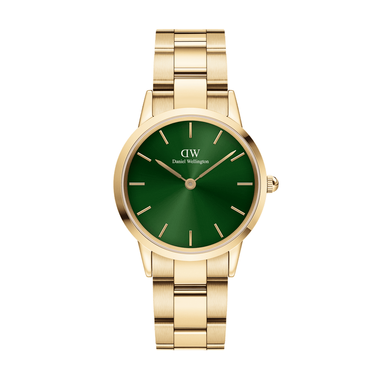 Gold bracelet watch with a polished finish and a bold emerald green dial, featuring minimalist hour markers and a classic round face, suitable for everyday wear or special occasions.