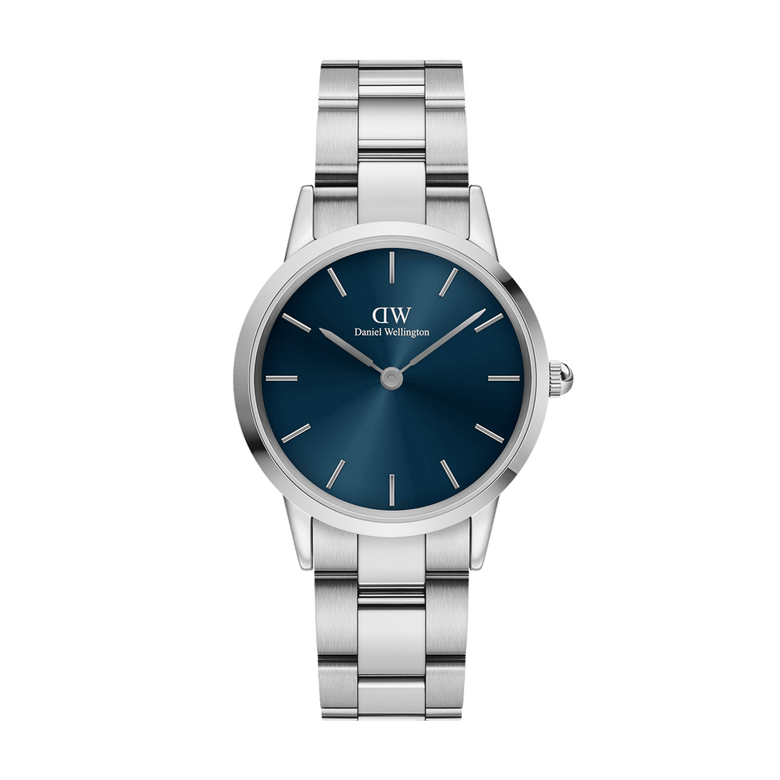 Daniel Wellington Iconic Link Arctic Silver watch featuring a polished stainless steel link bracelet and a deep blue sunray dial with minimalist silver markers.