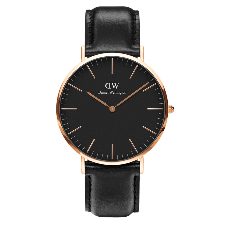 Classic Sheffield Black Rose Gold men’s watch featuring a black round dial, rose gold stainless steel case, minimalist hour markers, and a smooth black leather strap.