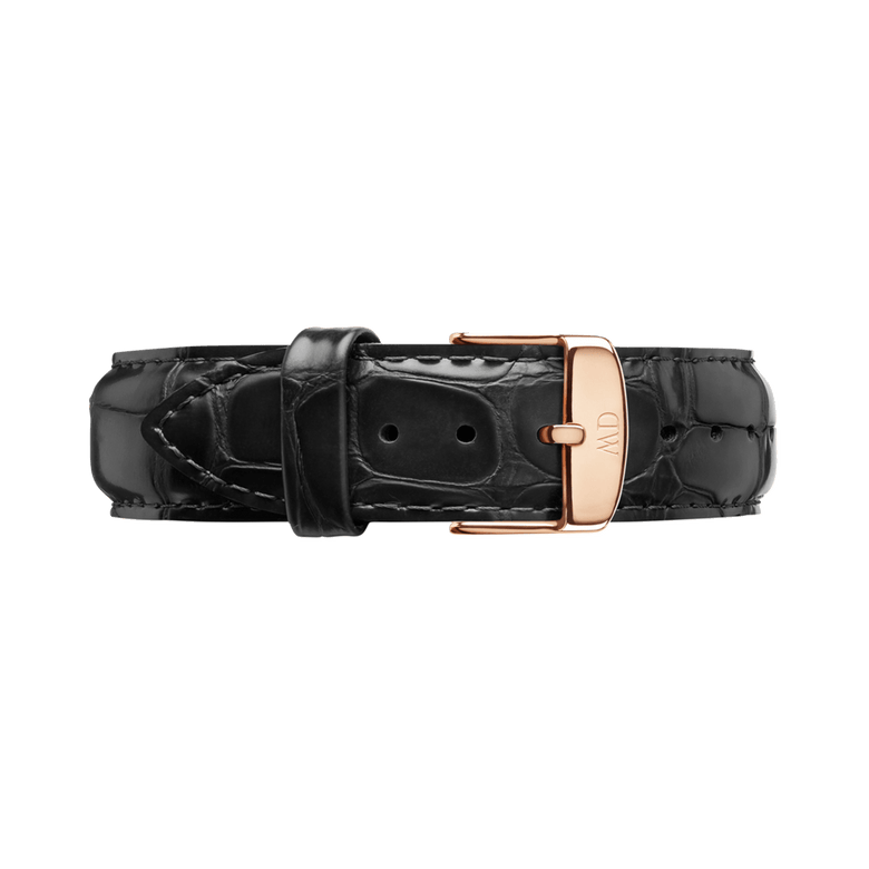 Classic Reading Black Rose Gold watch strap in genuine black croc-embossed leather, finished with a polished rose gold buckle for a refined and versatile look.