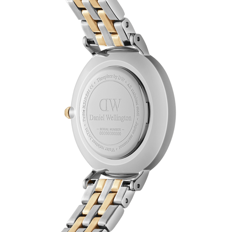 Back view of the Petite Lumine 5-link two-tone ladies watch, showing the engraved case and polished silver and gold stainless steel bracelet, highlighting the quality craftsmanship and attention to detail.