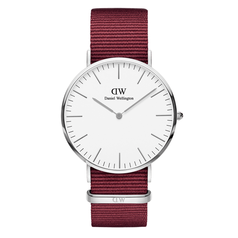 Classic Roselyn Silver watch with a minimalist silver case, eggshell white dial, slim silver hour markers, and a ruby red NATO strap, designed for everyday comfort and versatile style.