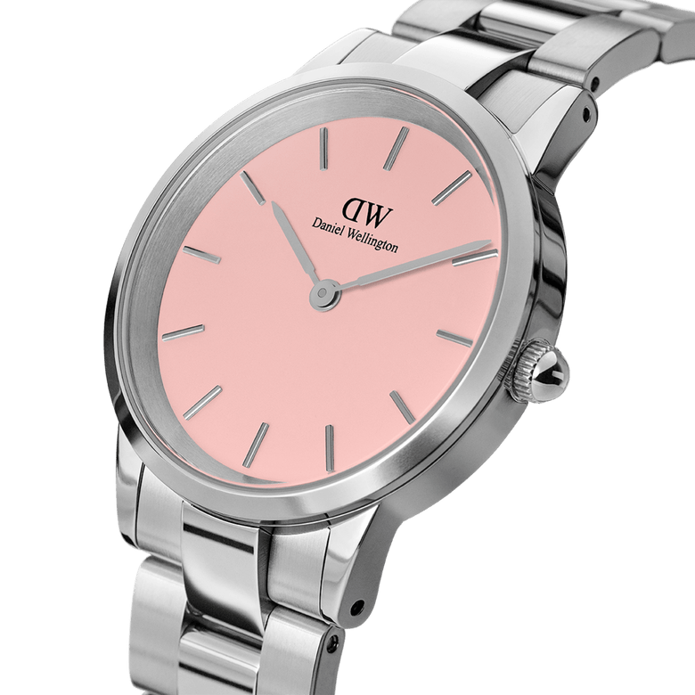 Close-up of the Iconic Link Blush Silver ladies watch, showcasing its polished stainless steel bracelet and pastel pink dial with minimalist silver hour markers, perfect for a refined everyday look.
