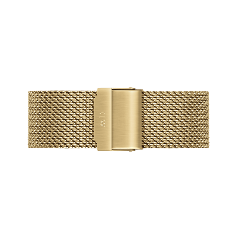 Gold stainless steel mesh strap with a secure adjustable clasp, designed for the Classic Mesh Onyx Gold watch, offering a comfortable and modern fit.