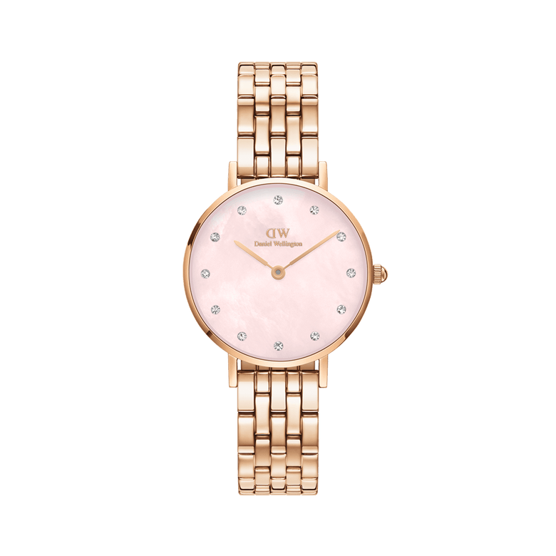 Rose gold ladies watch with a five-link bracelet, featuring a pink mother of pearl dial and crystal hour markers, designed for everyday comfort and a refined look.