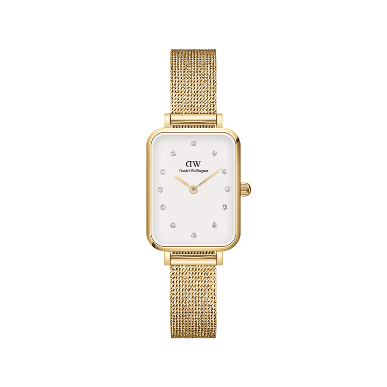 Quadro Lumine Pressed Evergold gold watch for women featuring a rectangular case, luminous white dial with crystal indexes, and an adjustable gold mesh strap.
