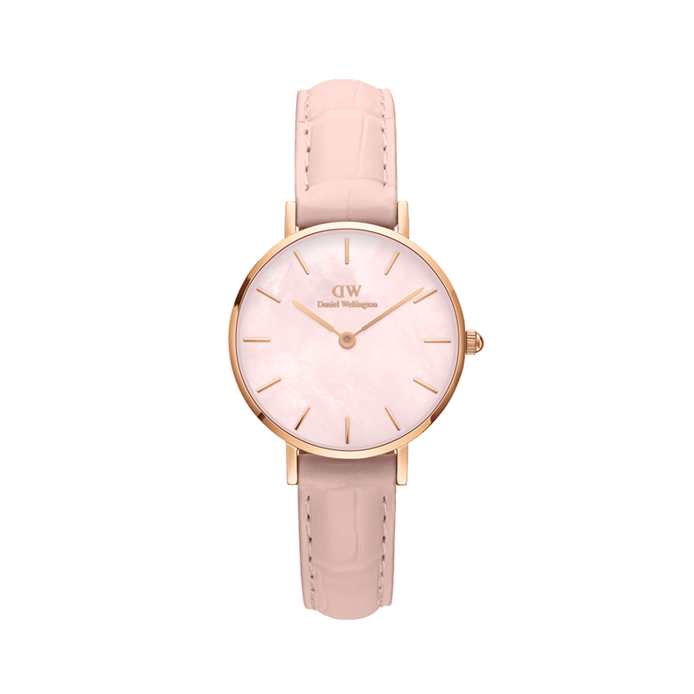 Petite Rouge Pink MoP Rose Gold ladies watch featuring a shimmering pink mother of pearl dial, rose gold case, minimalist markers, and a soft pink croc-pattern genuine leather strap.