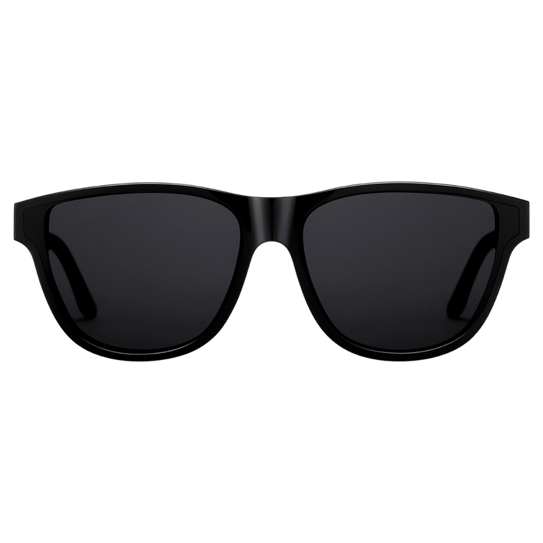 Ambler Bio-Acetate Black sunglasses with a modern classic silhouette, featuring a sleek all-black Italian bio-acetate frame and dark UV400 protective lenses.
