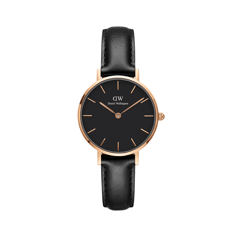Petite Sheffield ladies watch featuring a rose gold case, minimalist black dial, and genuine black leather strap, ideal for everyday wear and versatile styling.