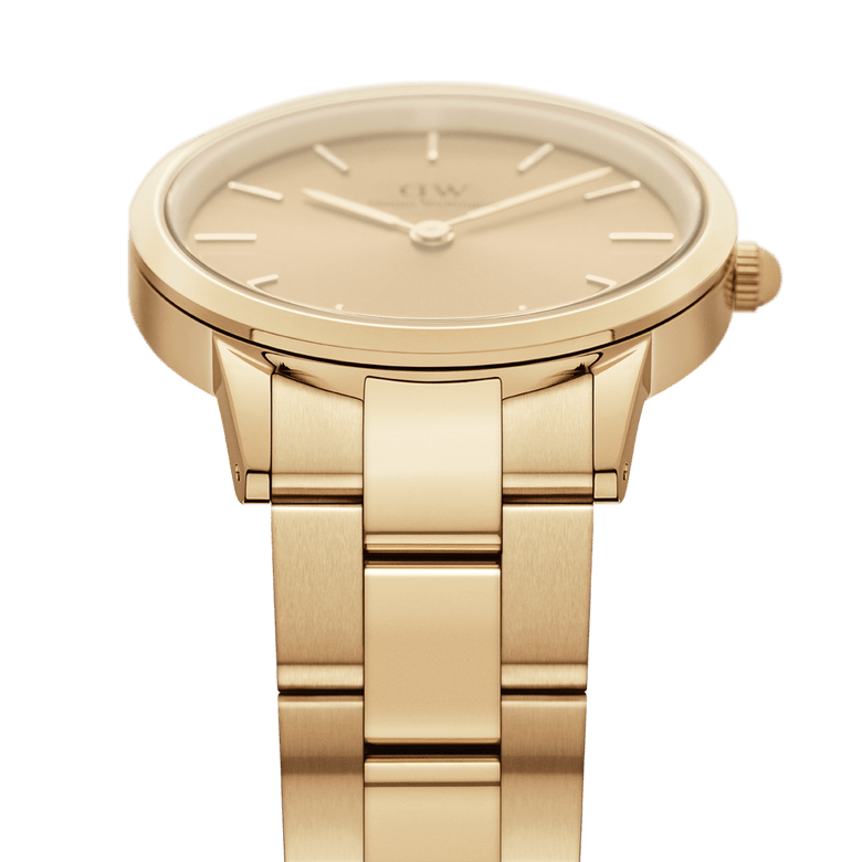 Daniel Wellington Iconic Link Unitone G gold watch featuring a tone-on-tone gold dial, slim gold markers, and a polished gold stainless steel link bracelet, shown from a front angle.