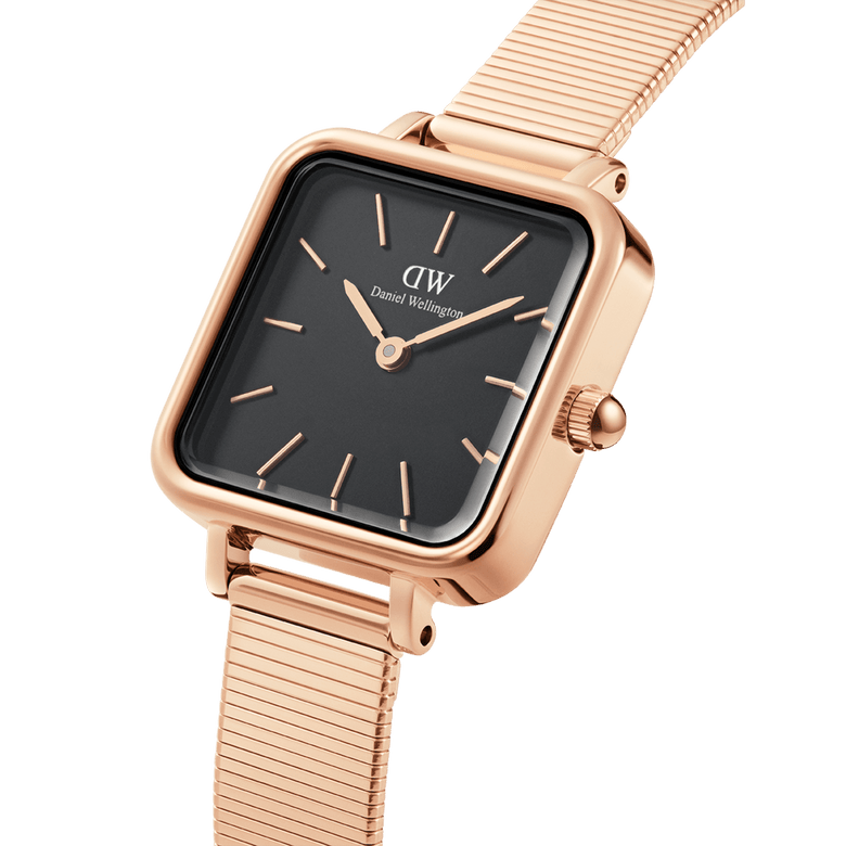 Quadro Studio Black Rose Gold watch with a square black dial, slim rose gold hands and markers, and a sleek rose gold piano link strap, highlighting its modern and elegant design for women.