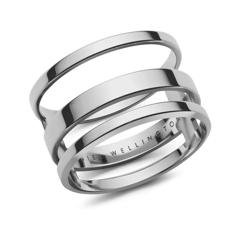Triple band silver ring with a modern, open layered design and polished finish, crafted from stainless steel and engraved with the Daniel Wellington logo on the inner band.