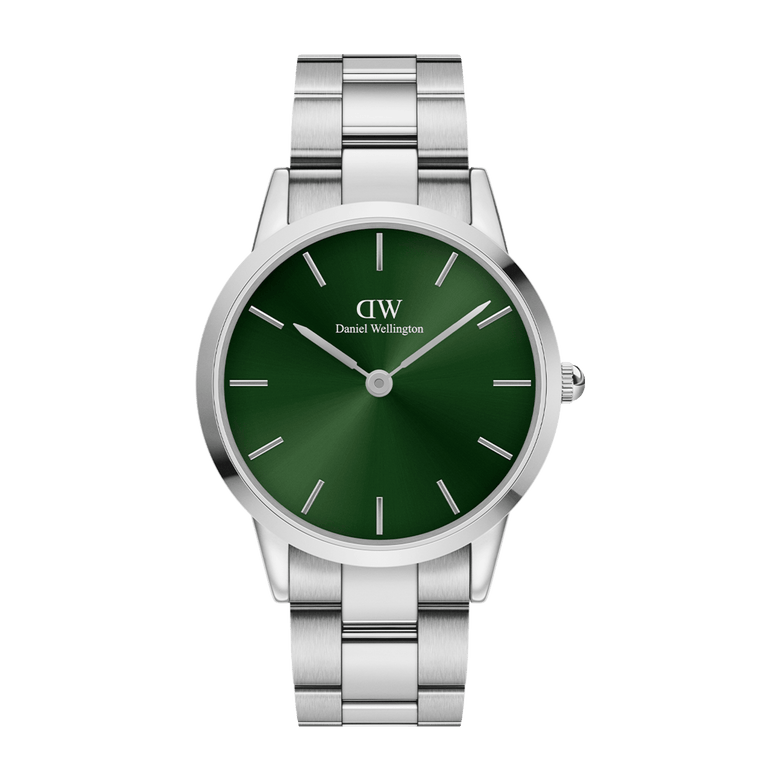 Iconic Link Emerald Green Silver watch featuring a vibrant emerald green dial, minimalist hour markers, and a polished stainless steel link bracelet, designed for versatile daily wear.