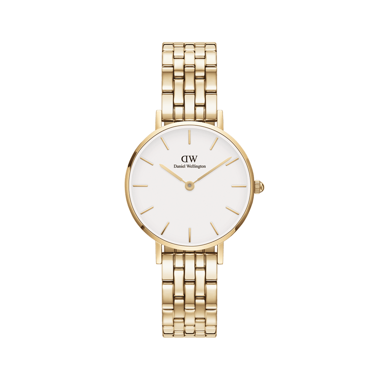 Petite 5-Link Evergold ladies watch with a slim gold PVD-plated stainless steel bracelet, minimalist white dial, and gold hour markers, designed for everyday elegance and comfortable wear.