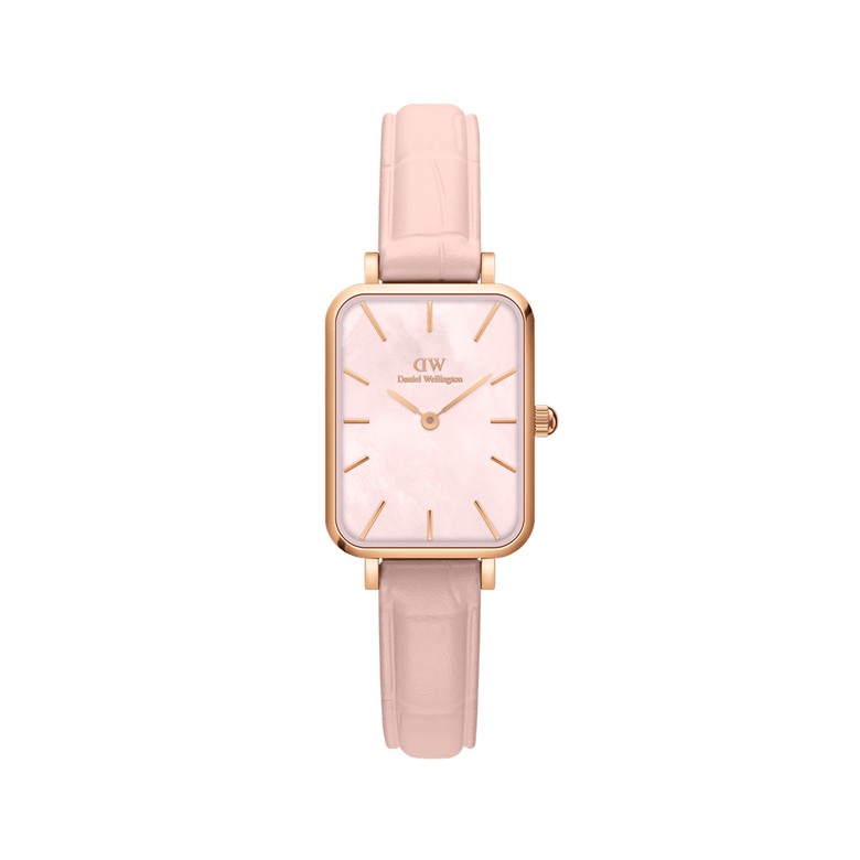 Quadro Pressed Rouge ladies watch featuring a slim rectangular rose gold case, pink mother of pearl dial, and a nude pink croc-pattern leather strap.